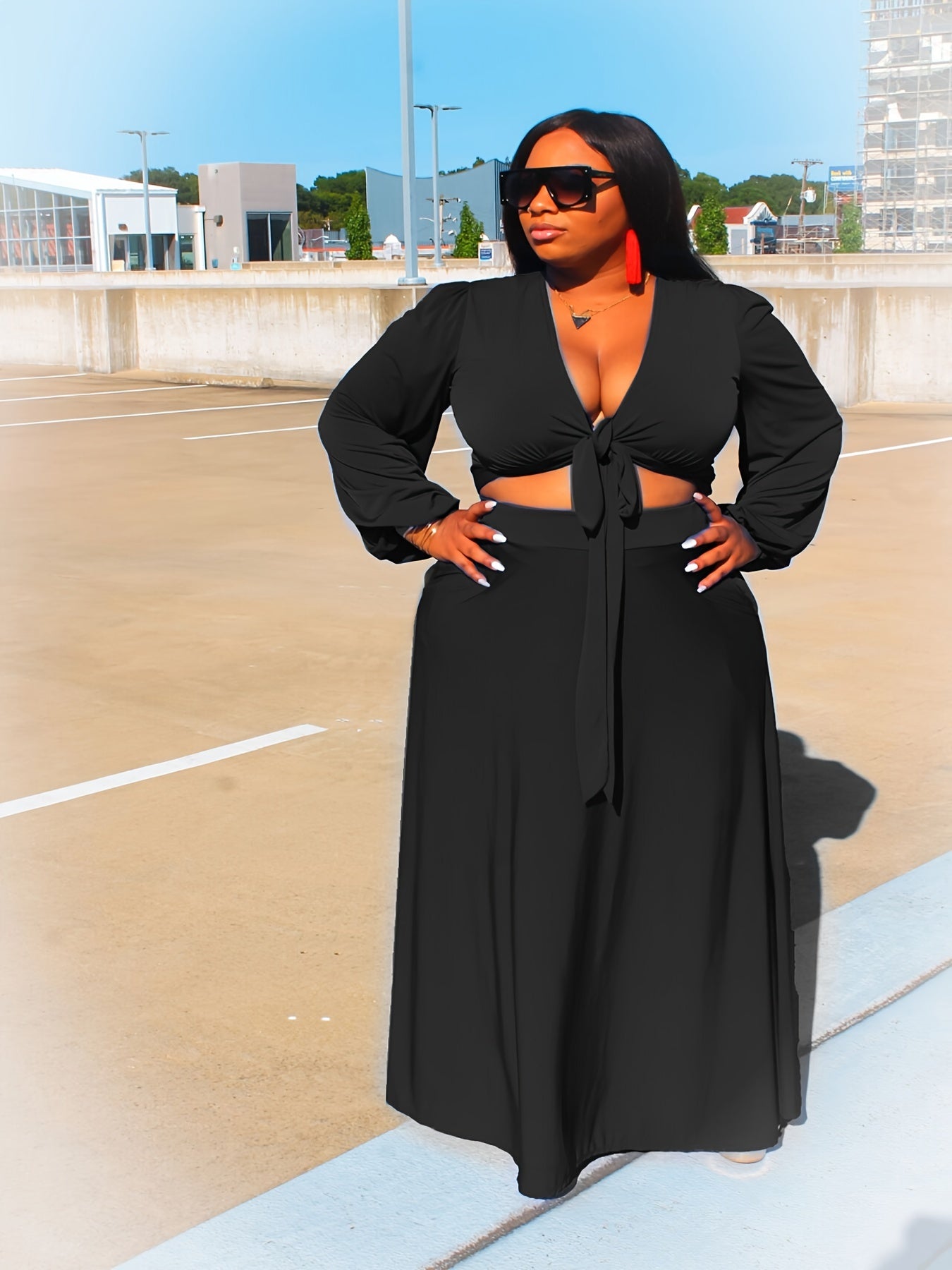 Deep V-Neck Knot Top & Long Skirt Set