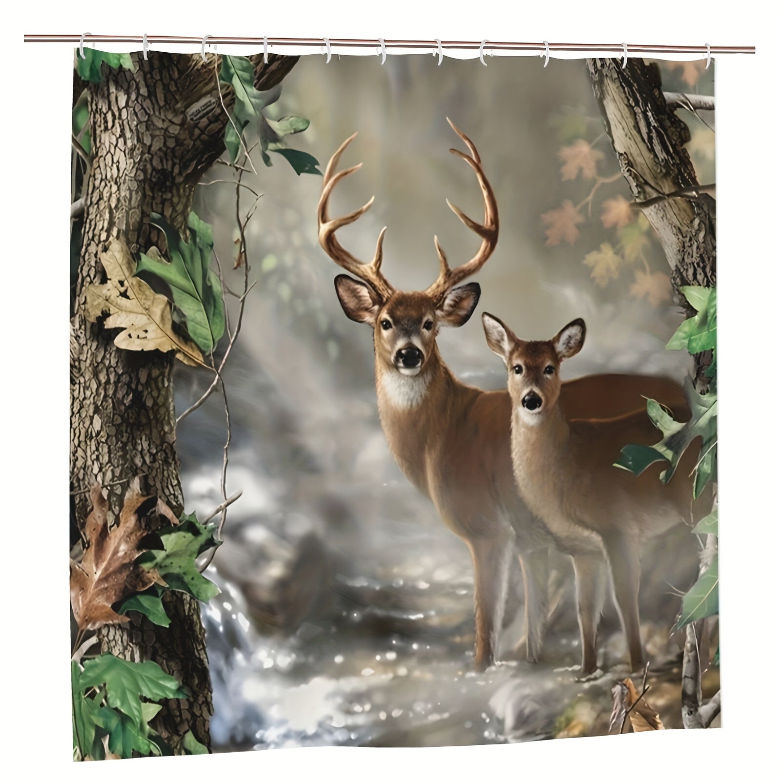 Wildlife Deer Shower Curtain Foggy Forest Elk Animal Shower Curtain
