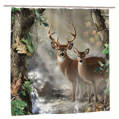 Wildlife Deer Shower Curtain Foggy Forest Elk Animal Shower Curtain