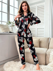 Heart Print Pajama Set Long Sleeve Top & Pants Women's
