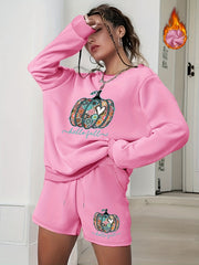 Women's Plus Pumpkin Sweatshirt & Shorts Halloween Set