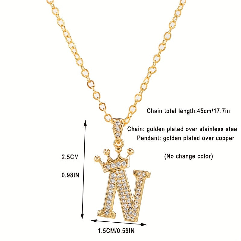 English Alphabet Crown Necklace Pendant with Zircon Inlay Clavicle Chain