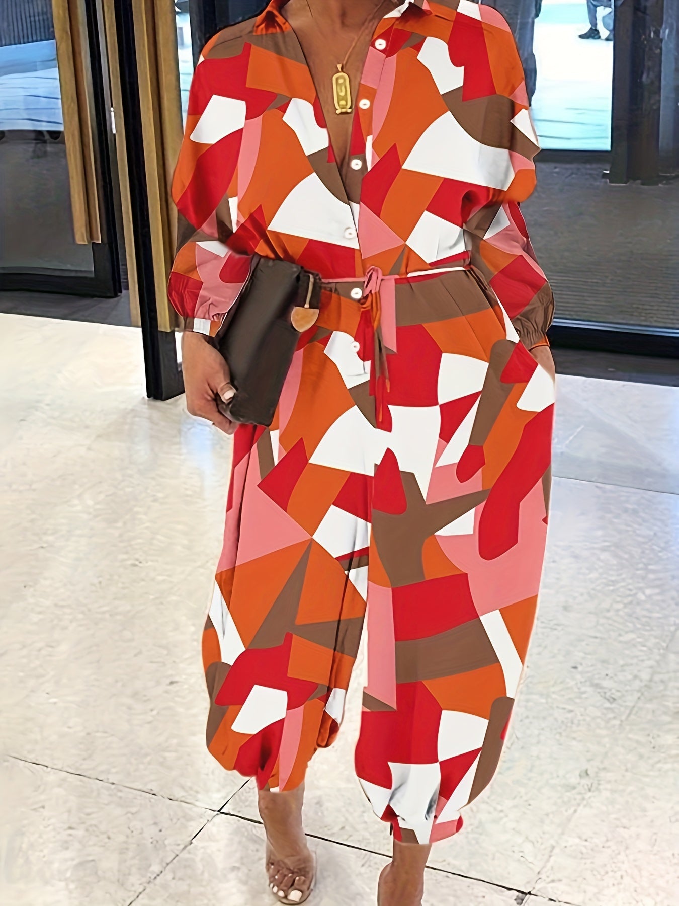 Colorblock Geometric Print Jumpsuit With Belt