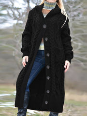 Solid Cable Button Up Long Sleeve Hooded Cardigan