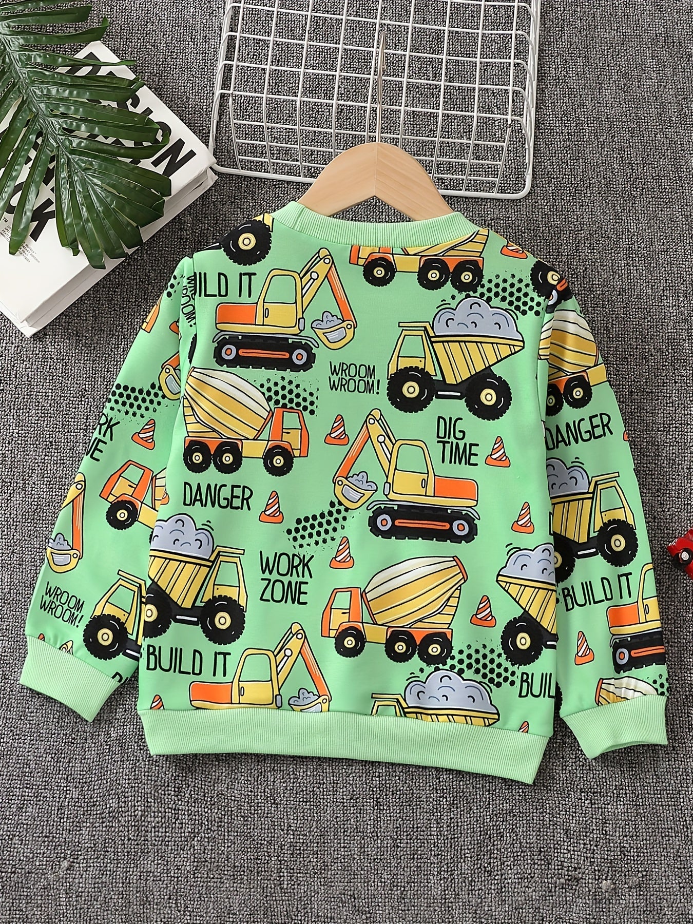 Excavator & Truck Print Sweatshirt Boy's Casual Graphic Crew Neck Pullover Sweat