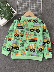 Excavator & Truck Print Sweatshirt Boy's Casual Graphic Crew Neck Pullover Sweat