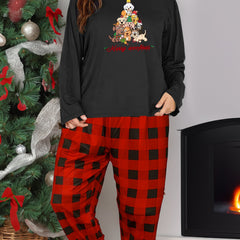 Christmas Loungewear Set Women's Plus Puppies & Christmas Tree Graphic