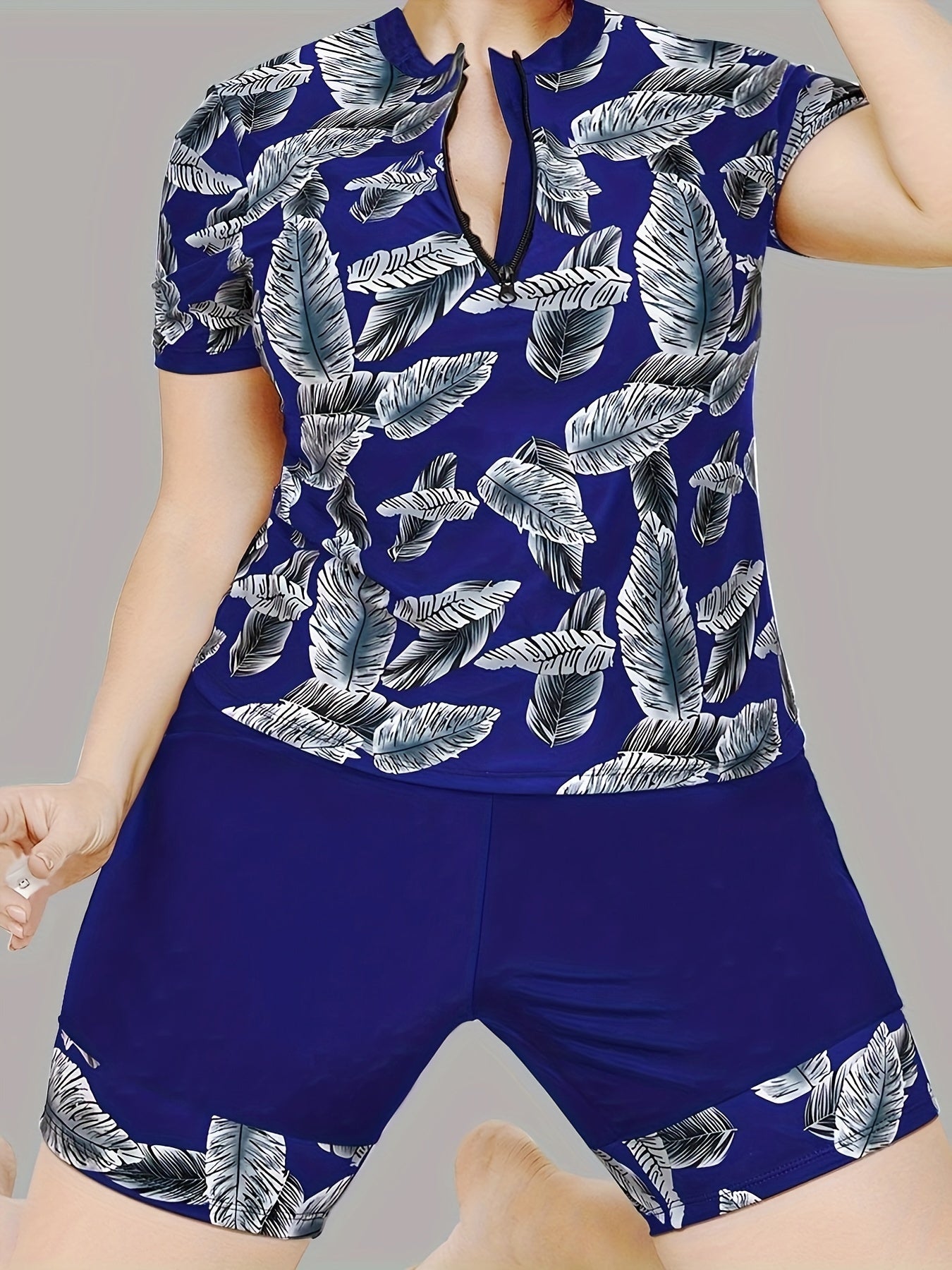 Leaf Print Zip Up Tankini Set