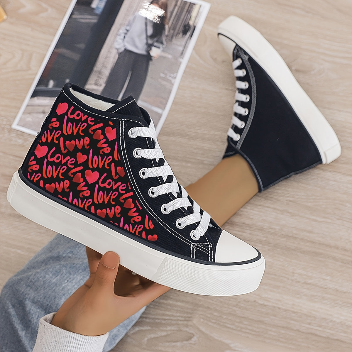 Girls High Top Love Hearts Skate Shoes Non Slip Casual Sneakers