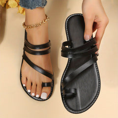 Women's Toe Loop Flat Slides Beach Shoes Casual Summer Sandals
