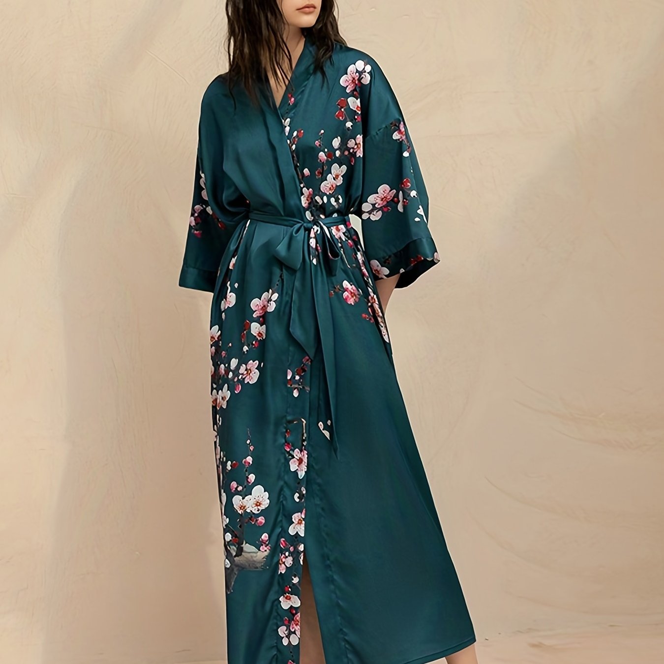Floral Print Satin Night Robe V Neck House Robe Women's Sleepwear