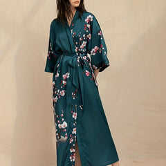 Floral Print Satin Night Robe V Neck House Robe Women's Sleepwear