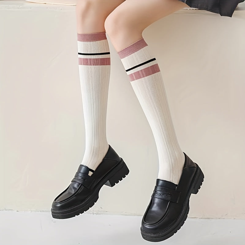 Colorblock Striped Calf Socks College Style All match Knee High Socks