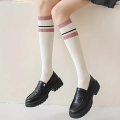 Colorblock Striped Calf Socks College Style All match Knee High Socks