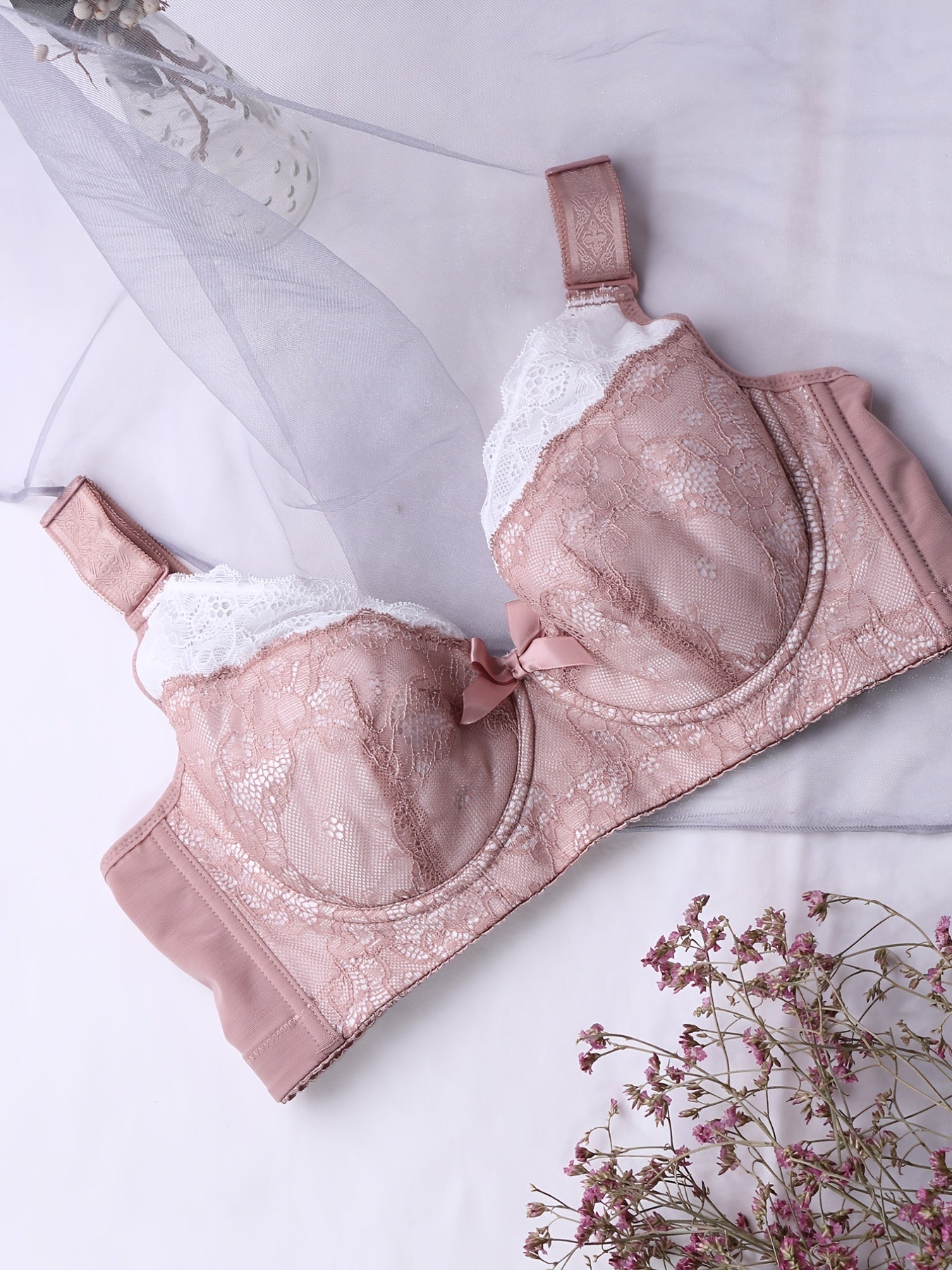 Floral Jacquard Lace Trim Push Up Bra Plus Size Women Sexy Bra