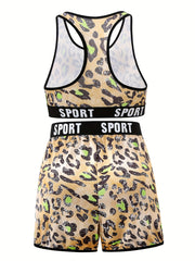 Plus Size Leopard Print Sports Bra & Boy Shorts Set