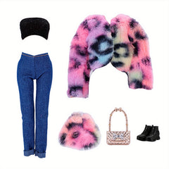Doll Clothes Set for 11 Inch Doll Faux Fur Coat Denim Jeans Accessories