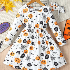 Girls Comfy & Ghost Graphic Long Sleeve Dress Halloween Outfit