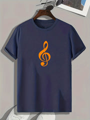 Music Note Print Men's Comfy T shirt Active Stretch Tee