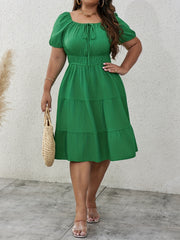 Solid Crinkle Knot Sleeve Square Neck Smock Dress