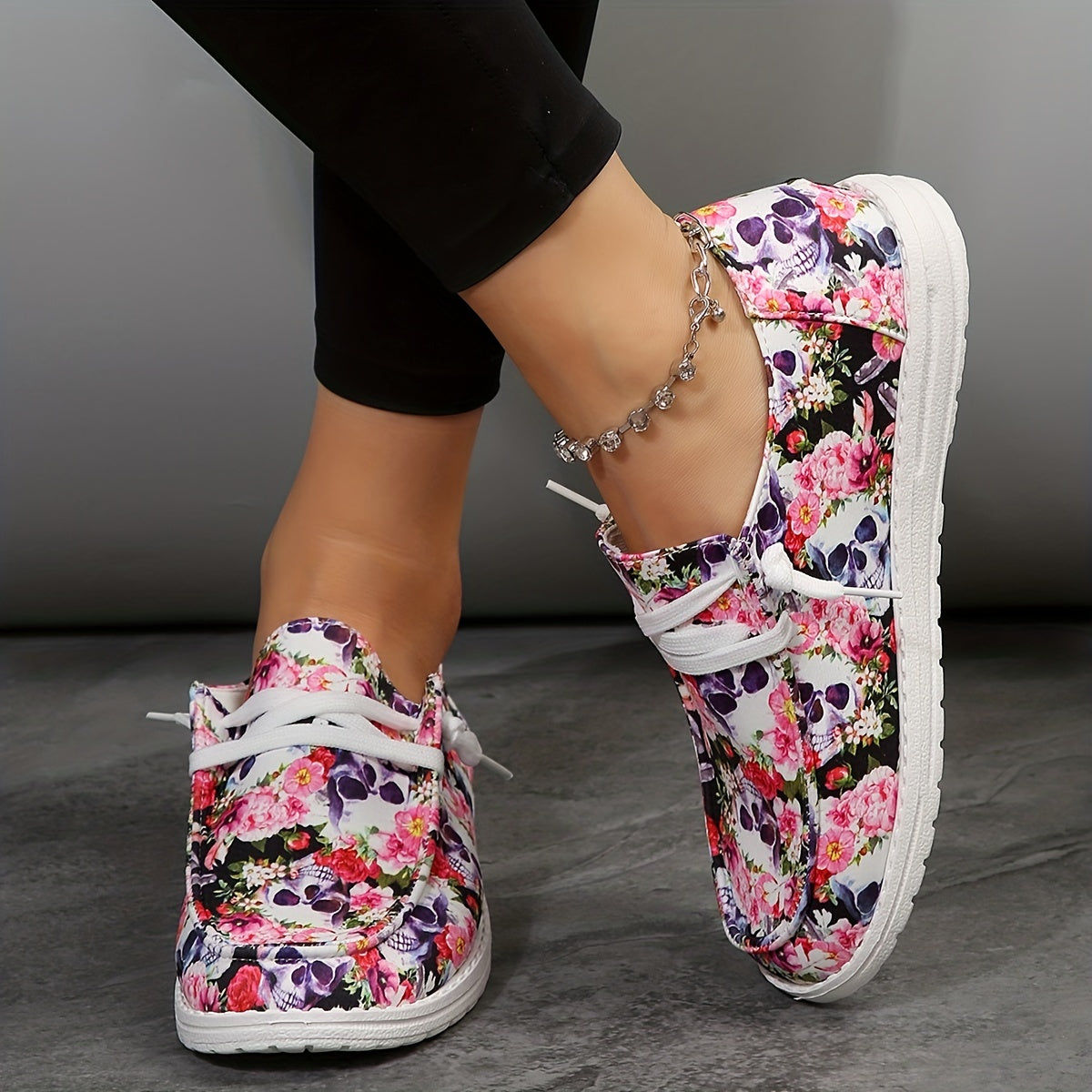 Colorful Skeleton Ghost Print Low Top Sneakers Lightweight Casual Shoes