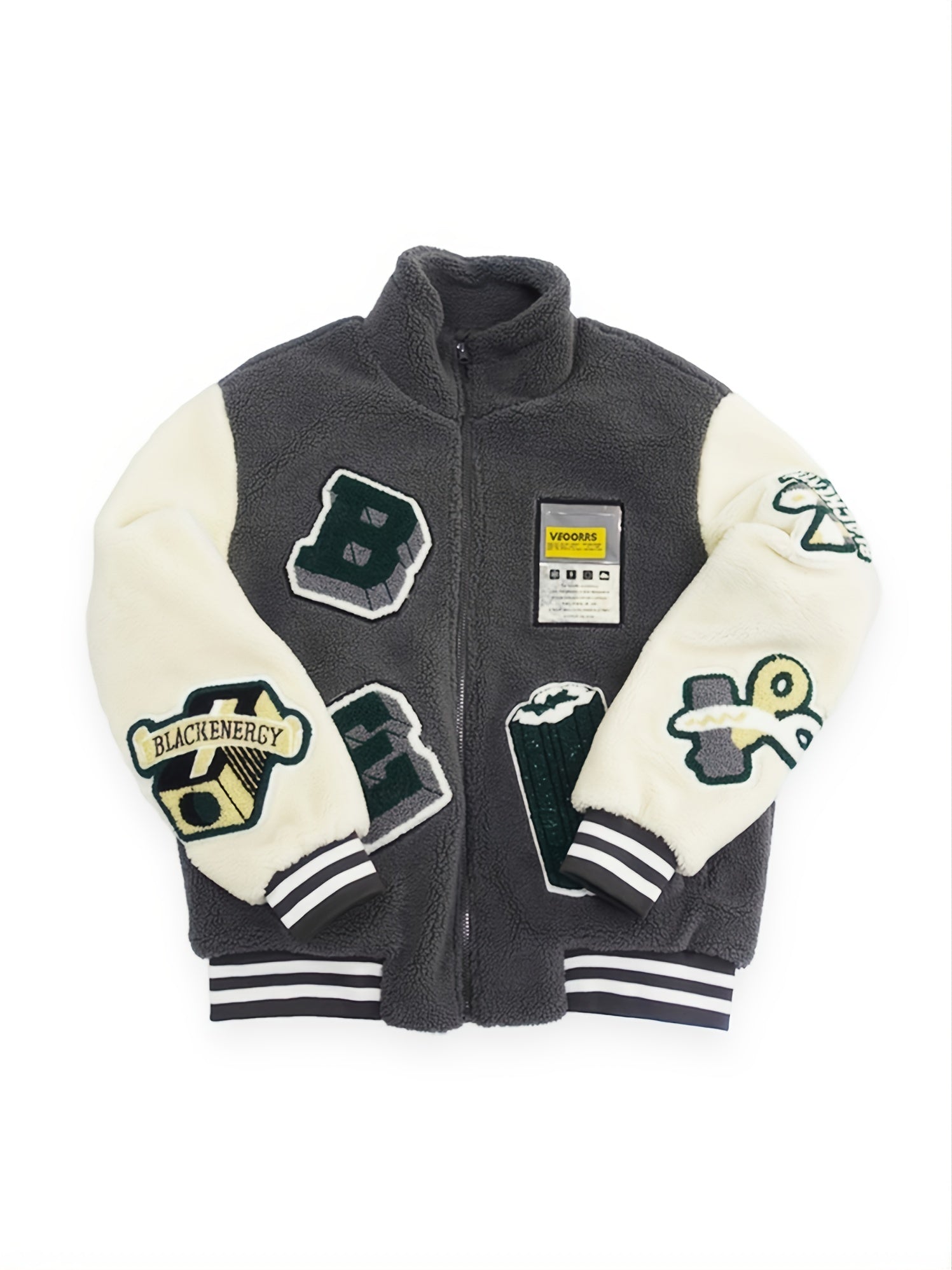 Men's Casual Lamb Fleece Block Jacket With Embroidered Patches
