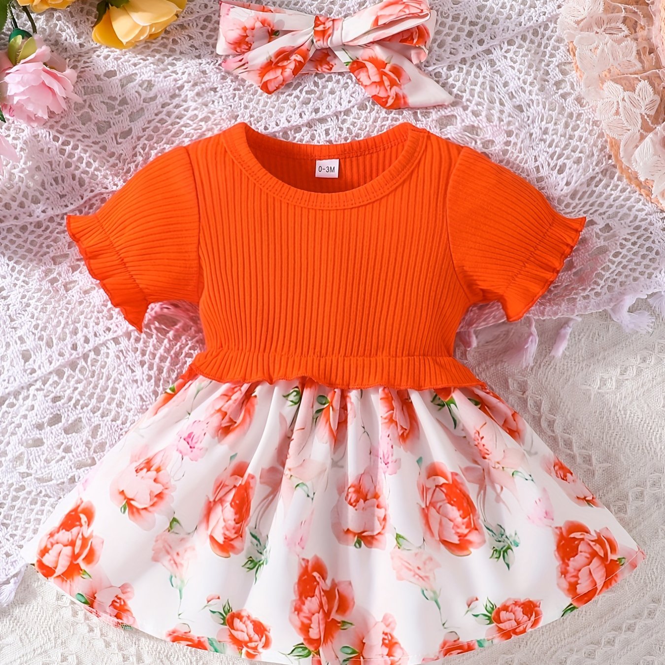 2pcs Baby Girl Floral Puffy Stitching Dress Bandana Dress