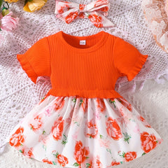 2pcs Baby Girl Floral Puffy Stitching Dress Bandana Dress
