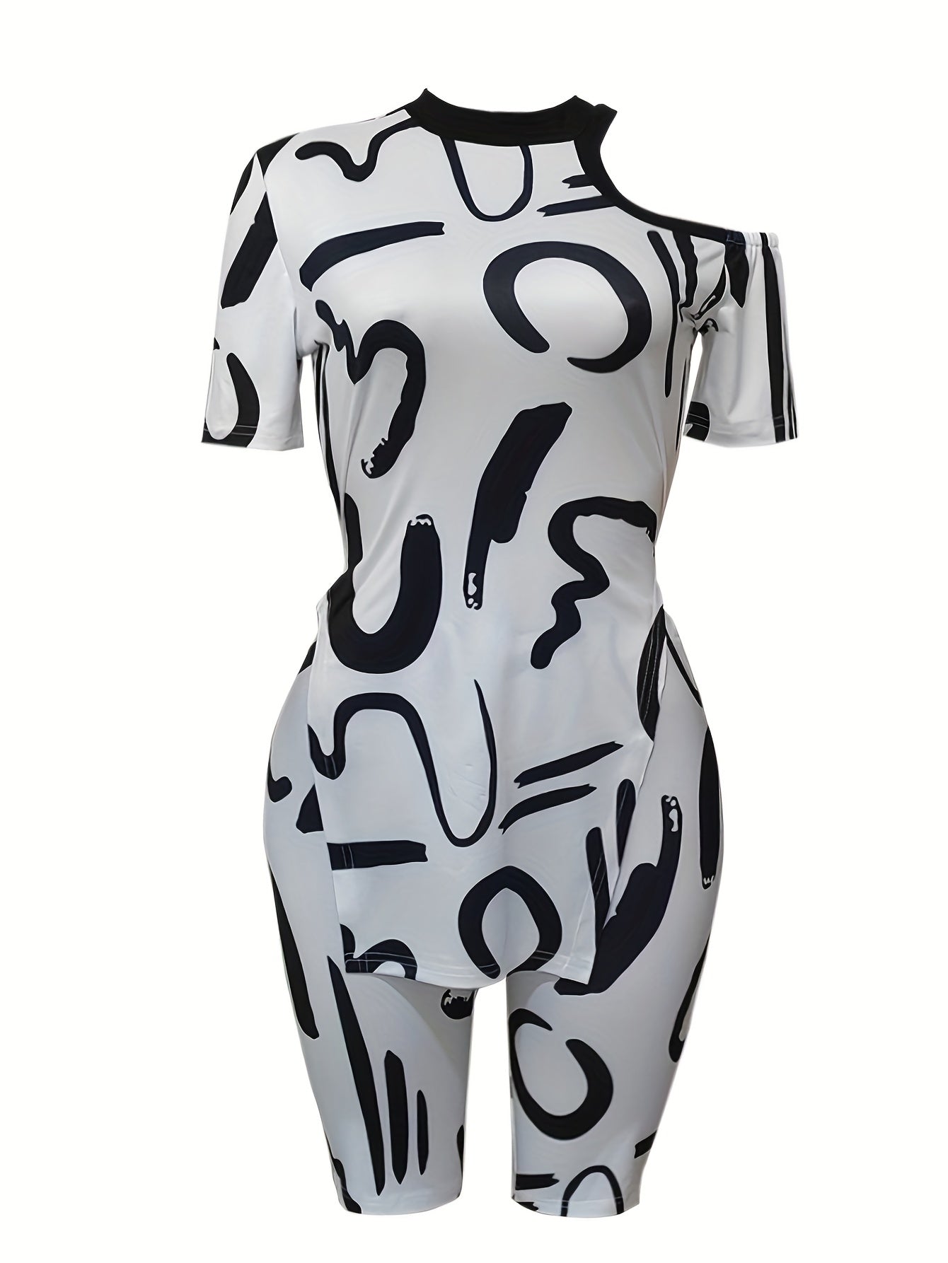 Abstract Print Two Piece Set Cold Shoulder Tee & Slim Shorts
