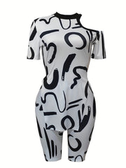 Abstract Print Two Piece Set Cold Shoulder Tee & Slim Shorts