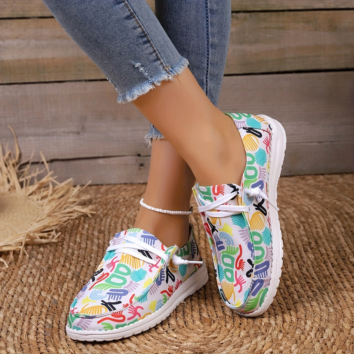 Women's Graffiti Canvas Lace-Up Sneakers Low Top Flat Shoes