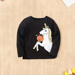 Cotton Unicorn & Pumpkin Print T-shirt for Fall Halloween