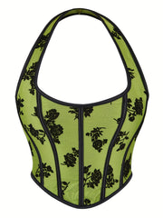 Floral Pattern Bustier Mesh Halter Top for Summer