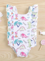 Baby Girls Dinosaur Print Ruffle Trim Swimsuit