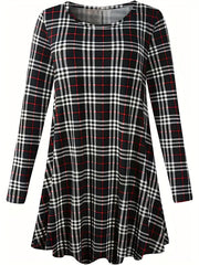 Women's Plaid Print Long Sleeve A Line Mini Dress