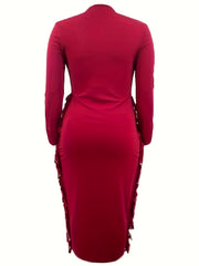 Casual Dress Solid Long Sleeve V Neck Fringe Trim Midi Dress