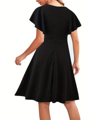 Lace Solid Dress Ruffle Sleeve V Neck Dress Women's Clothing