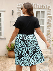 Colorblock Floral Print Short Sleeve Dress With Pockets