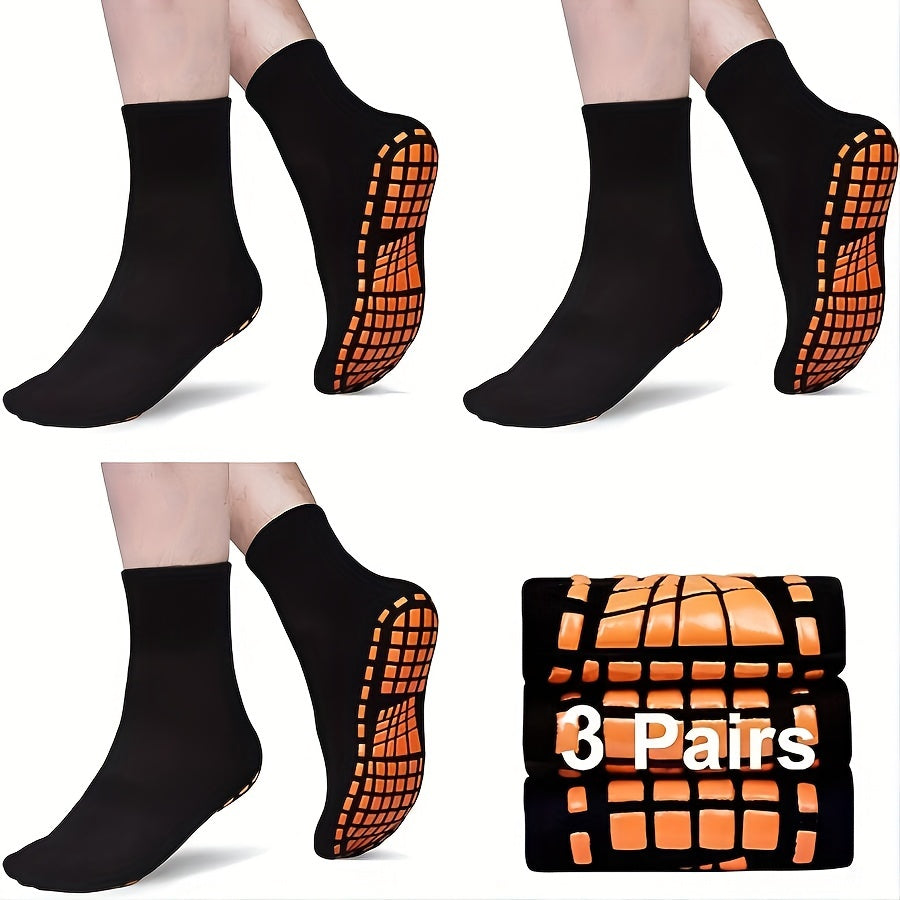 3 Pairs Men's Casual Non-Slip Yoga Socks, Warm Mid-Calf Cotton