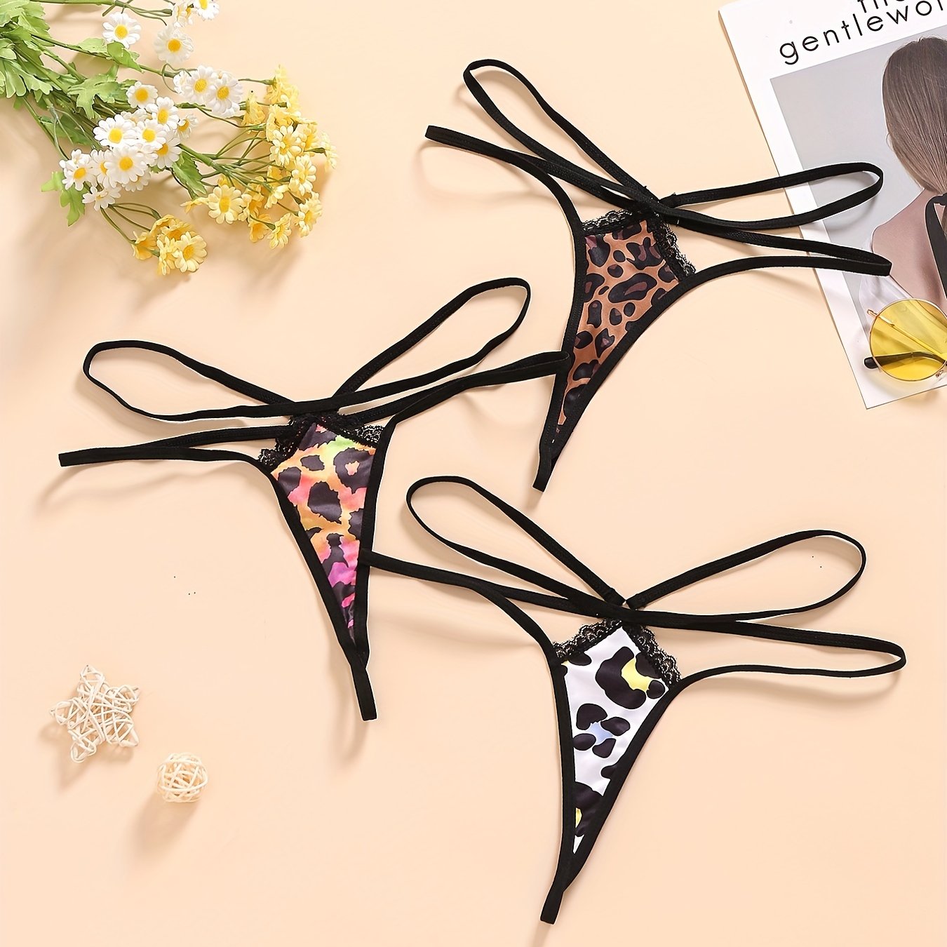 Leopard Lace Trim Thongs Sexy Hollow Out Ribbon Panties