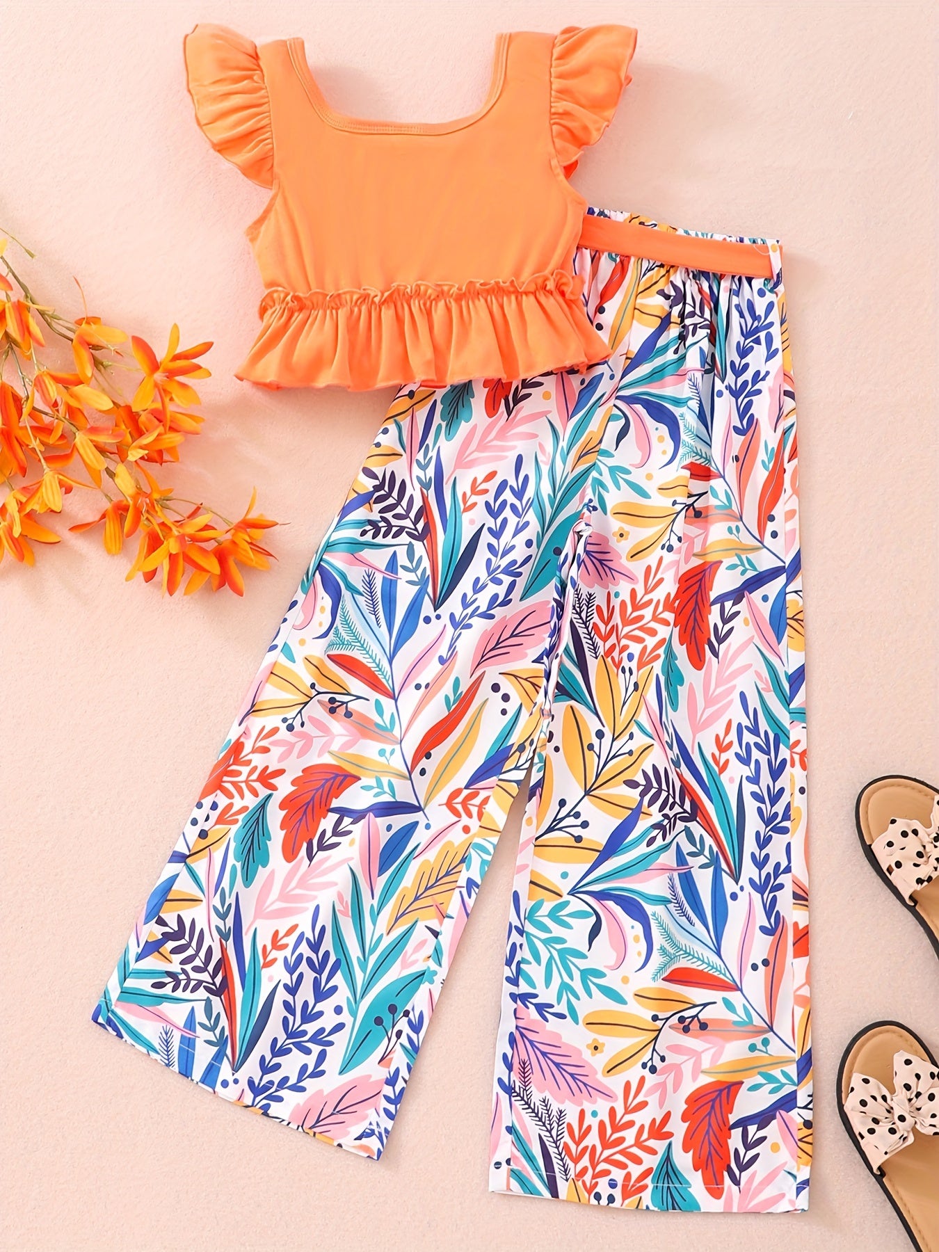 Girls Ruffle Top & Floral Print Pants 2pcs With Belt