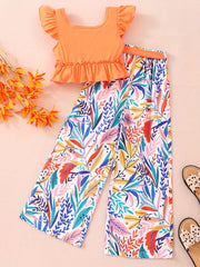 Girls Ruffle Top & Floral Print Pants 2pcs With Belt