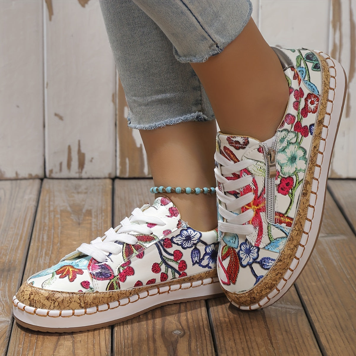 Women's Floral Print Sneakers Lace Up Side Zipper Low Top Shoes