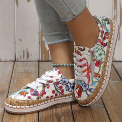 Women's Floral Print Sneakers Lace Up Side Zipper Low Top Shoes