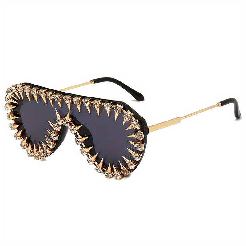 Flat Top Shield Sunglasses Tinted Lens Rivet & Rhinestone Decor UV400