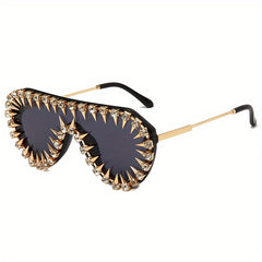 Flat Top Shield Sunglasses Tinted Lens Rivet & Rhinestone Decor UV400