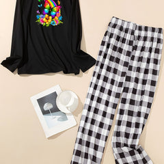 Butterfly & Floral Print Tee & Plaid Pants Pajama Set