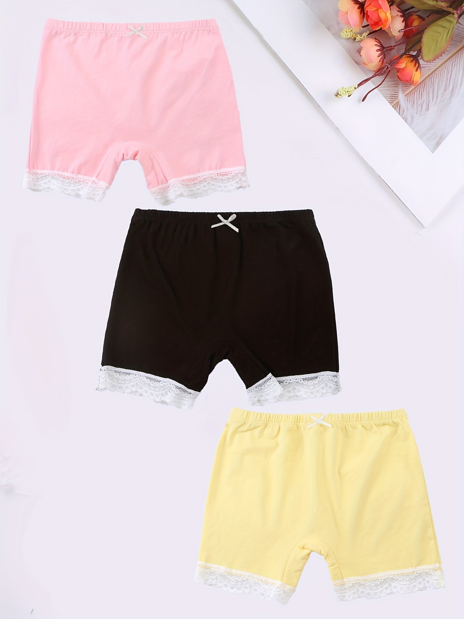 3pcs Girl's Cotton Boyshorts Lace Trim Elastic Waist Shorts