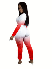 Gradient Ruched 2 Pc Set Crew Neck LS Top & Slim Pants Outfits Women's Clothing