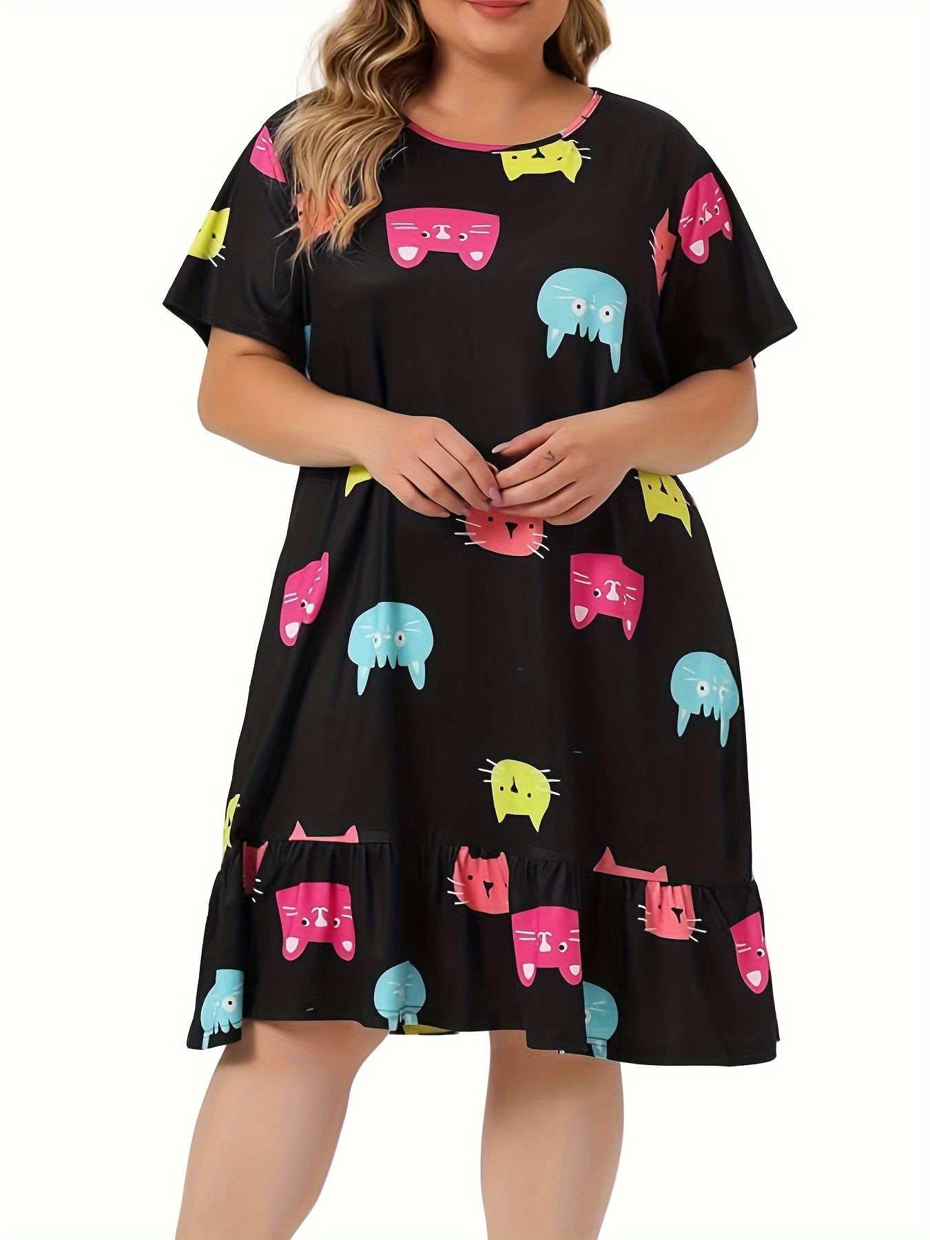 Colorful Cat Print Nightdress with Ruffle Trim